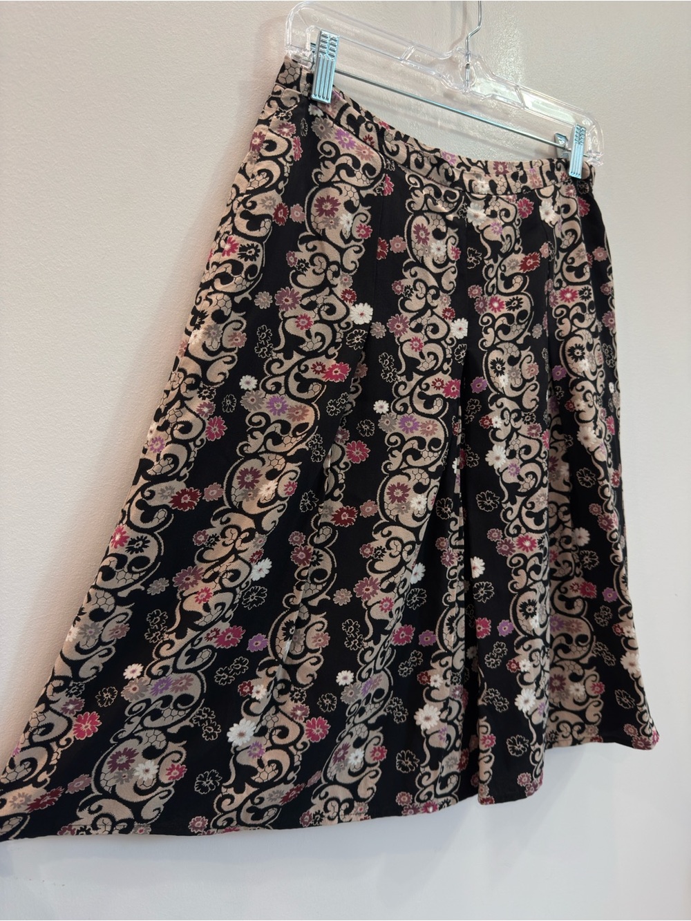 100% Silk Floral Scroll A-Line Skirt in Black and Cream